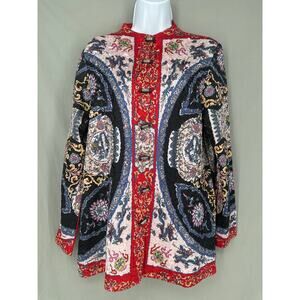 Vintage Jacket Womens Medium Red Paisley Cottage Boho Crinkle Toggle Reversible